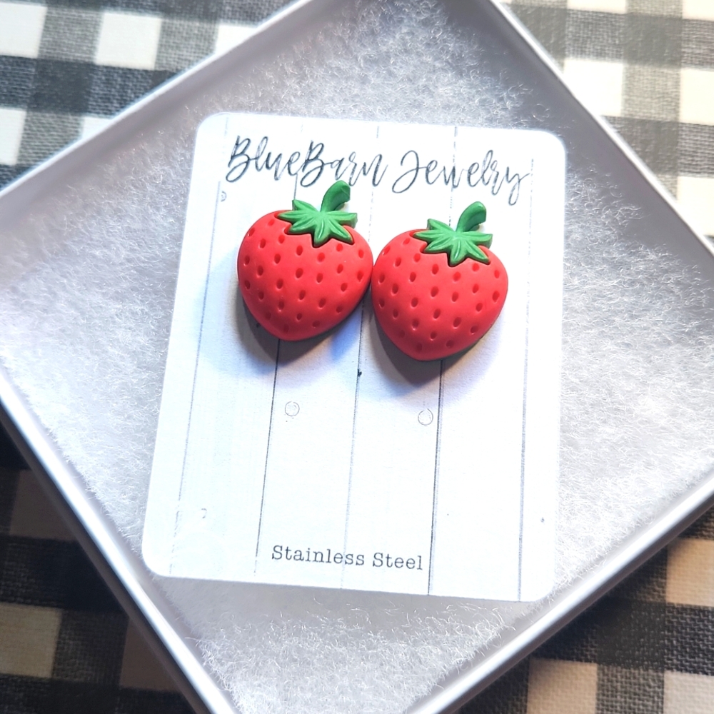 Handmade Strawberry Stud Earrings on Stainless Steel